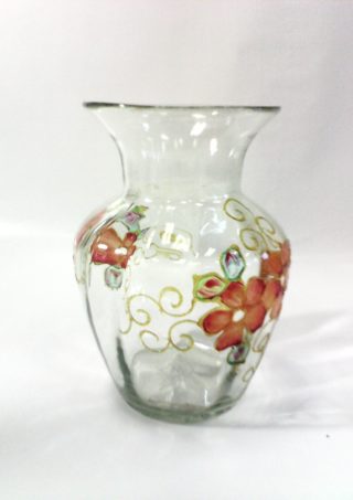 7" Transparent Hand Blown Glass Vase w/ Hand Painted Flowers