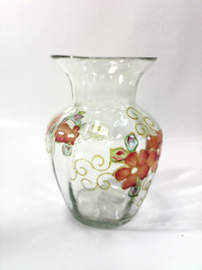 7" Transparent Hand Blown Glass Vase w/ Hand Painted Flowers