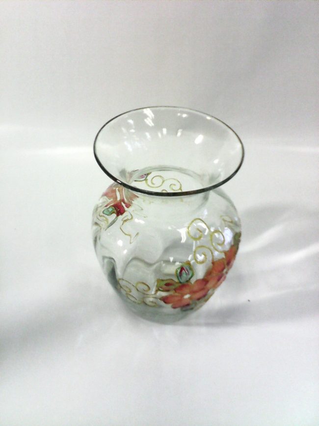7" Transparent Hand Blown Glass Vase w/ Hand Painted Flowers - Image 2