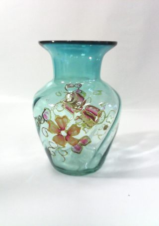 7" Transparent Blue Hand Blown Glass Vase w/ Hand Painted Flowers