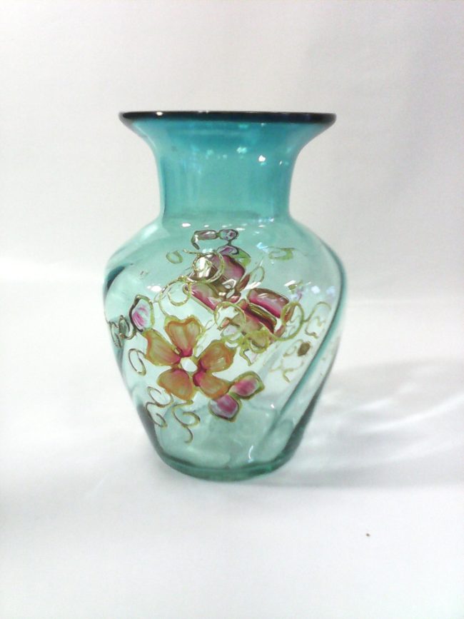 7" Transparent Blue Hand Blown Glass Vase w/ Hand Painted Flowers