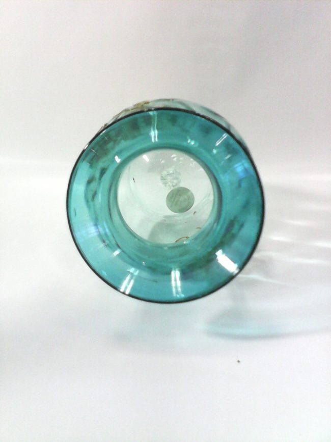 7" Transparent Blue Hand Blown Glass Vase w/ Hand Painted Flowers - Image 2