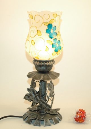 Hand Blown Crackle Glass Turquoise Flowers Table Lamp 12.5" Tall