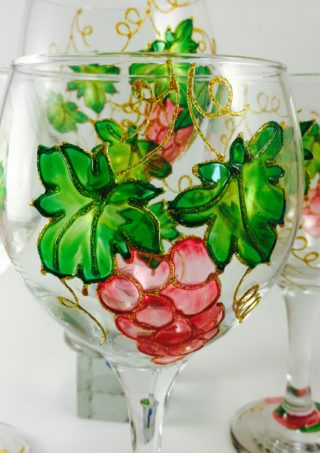 Set of 4 Turkish Wine Glasses  With Hand Painted Grapes
