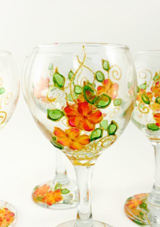 Set of 4 Turkish Wine Glasses 7 1/4 Oz With Hand Painted Orange Flowers