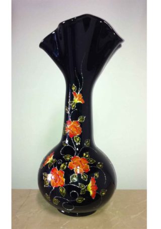 15" Black Hand Blown Glass Vase With Orange Flowers