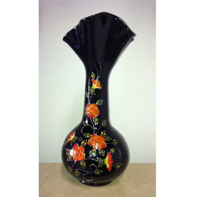 15" Black Hand Blown Glass Vase With Orange Flowers