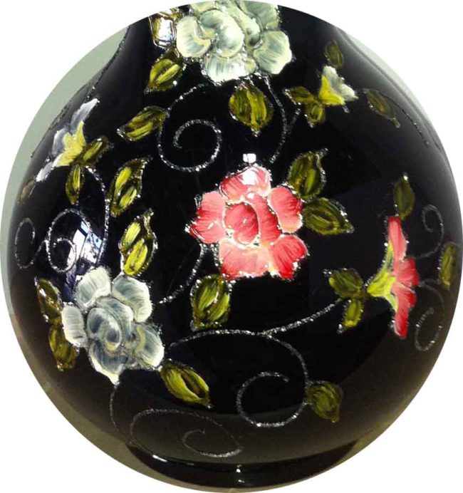 17" Black Hand Blown Vase With Pink and White Flowers - Image 2