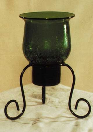 Wrought Iron and Dark Green Hand Blown Glass Vase or Candle Holder