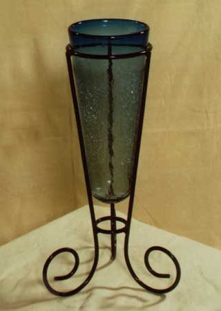 Wrought Iron and Light Blue Hand Blown Glass Vase