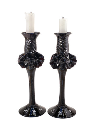 Set of 2 Black Hand Blown Glass Candle Holder, Hand Painted