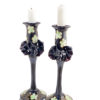 Set of 2 Black Hand Blown Glass Candle Holder, Hand Painted Flowers Item No G055