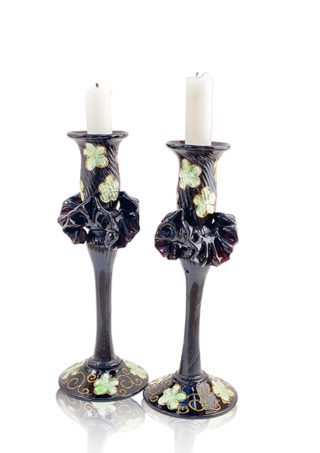 Set of 2 Black Hand Blown Glass Candle Holder, Hand Painted Flowers Item No G055