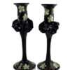Set of 2 Black Hand Blown Glass Candle Holder, Hand Painted Flowers Item No G055 - Image 4