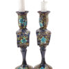 Set of 2 Black Hand Blown Glass Candle Holder, Hand Painted Turquoise Flowers Item No G056