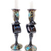 Set of 2 Black Hand Blown Glass Candle Holder, Hand Painted Turquoise Flowers Item No G056 - Image 3