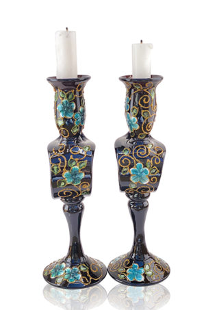 Set of 2 Black Hand Blown Glass Candle Holder, Hand Painted Turquoise Flowers Item No G056
