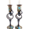 Set of 2 Black Hand Blown Glass Candle Holder, Hand Painted Turquoise Flowers Item No G056 - Image 4
