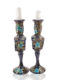 Set of 2 Black Hand Blown Glass Candle Holder, Hand Painted Turquoise Flowers Item No G056