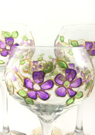 Set of 4 Turkish 17 Oz. Wine Glasses With Hand Painted Purple Flowers