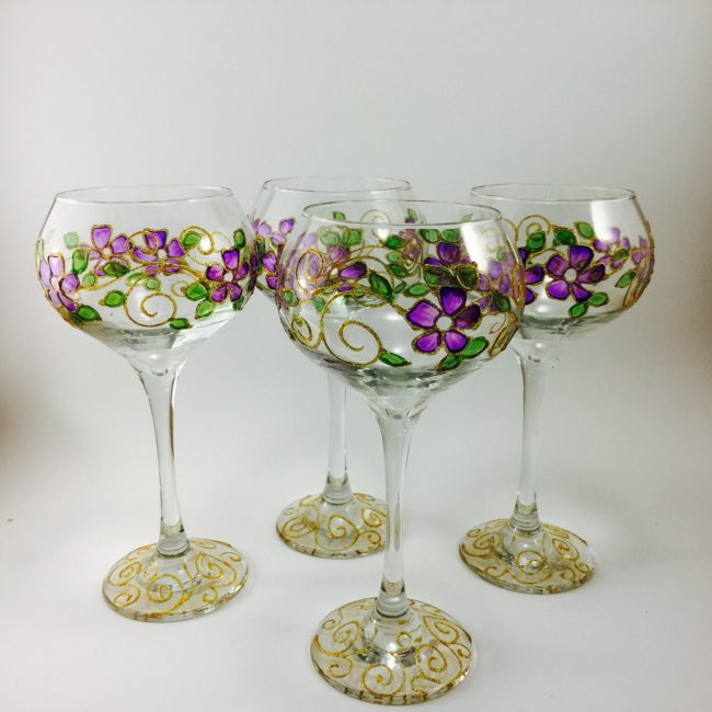 Set of 4 Turkish 17 Oz. Wine Glasses With Hand Painted Purple Flowers - Image 2