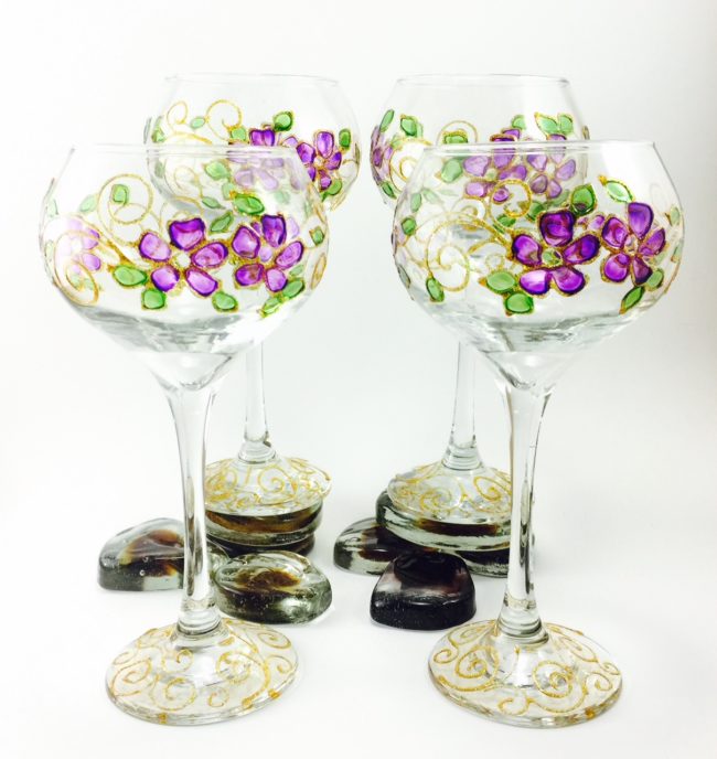 Set of 4 Turkish 17 Oz. Wine Glasses With Hand Painted Purple Flowers - Image 3
