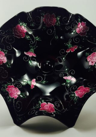 Hand Blown Glass Large Dish, Centerpiece and Pink Hand Painted Flowers