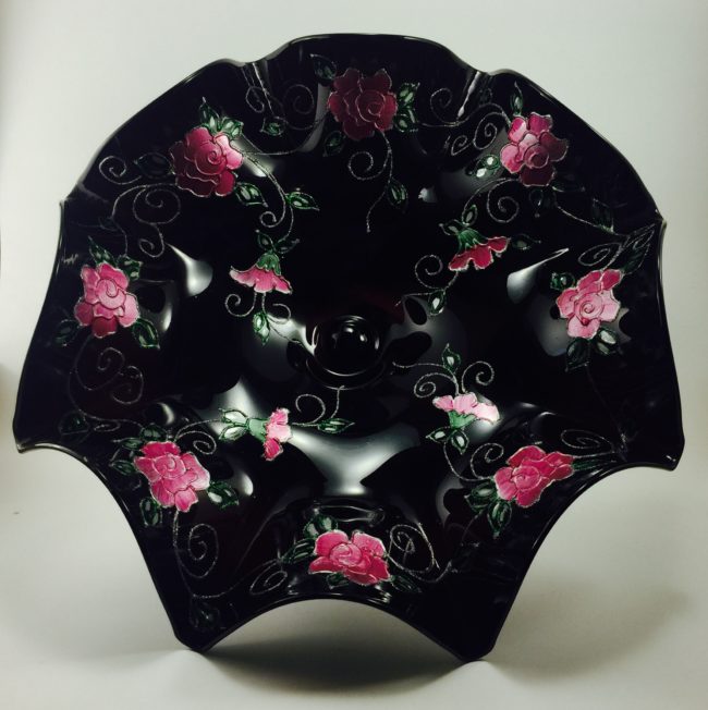 Hand Blown Glass Large Dish, Centerpiece and Pink Hand Painted Flowers