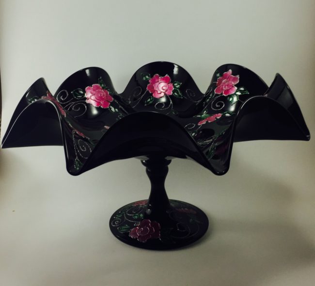 Hand Blown Glass Large Dish, Centerpiece and Pink Hand Painted Flowers - Image 2