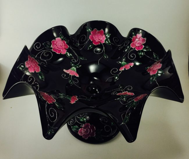 Hand Blown Glass Large Dish, Centerpiece and Pink Hand Painted Flowers - Image 3