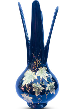 Black Hand Blown Glass Vase, Abstract Gold and Green  Hand-painted Grape Leafs Design. Item No.V180