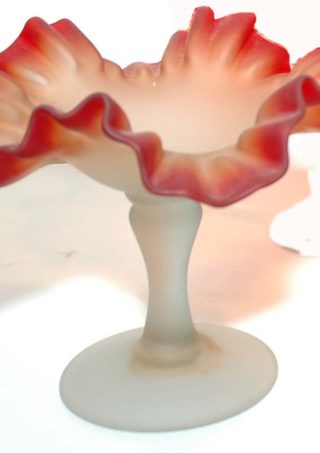 Set of 2 Red and White Opaque Rippled Edge Hand Blown Glass Candy Dish