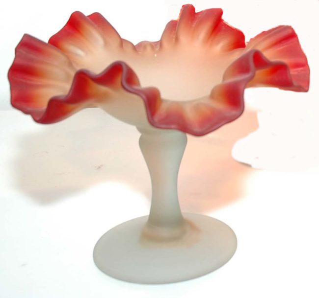 Set of 2 Red and White Opaque Rippled Edge Hand Blown Glass Candy Dish