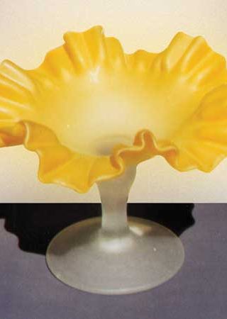 Set of 2 Yellow Opaque Rippled Edge Hand Blown Glass Candy Dish