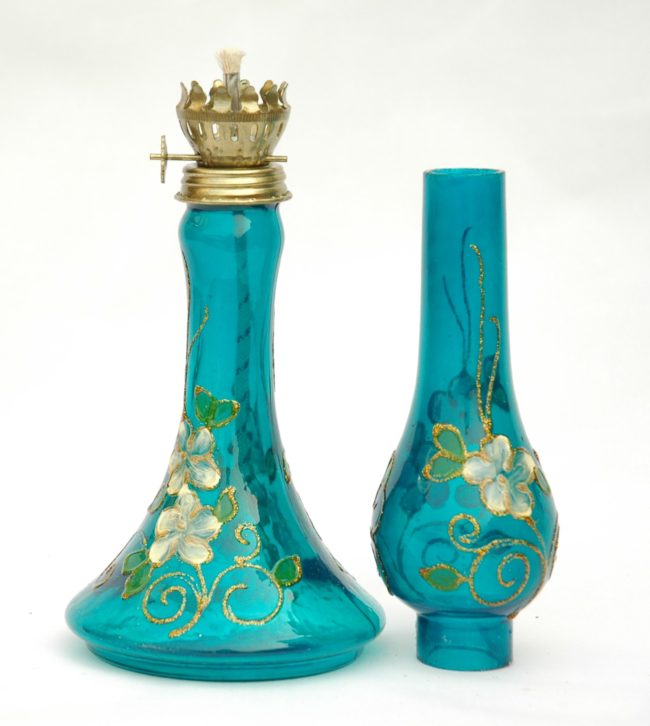 Hand Blown Glass,Blue Jade Hand Painted Oil Lamp, Item No. OL104 - Image 2