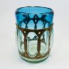 Wrought Rustic Iron and Light Blue Hand Blown Glass Vase or Candle Holder