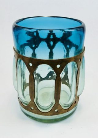 Wrought Rustic Iron and Light Blue Hand Blown Glass Vase or Candle Holder