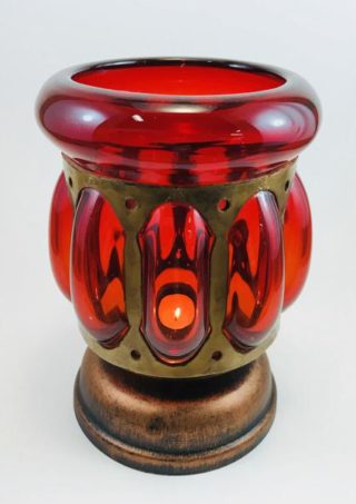Wrought Rustic Iron and Ruby Red Hand Blown Glass Candle Holder