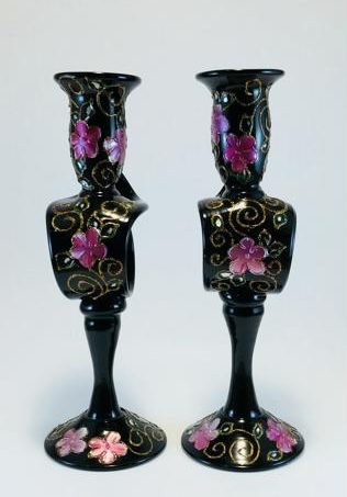 Set of 2 Hand Blown Glass Candle Holder, Hot Pink Flowers Hand Painted Item No G051
