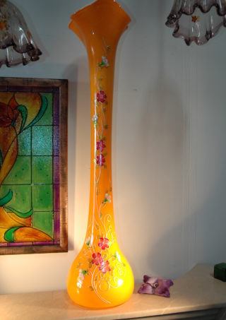 37″ Orange Hand Blown Glass Vase w/ Hand Painted Pink & White Flowers