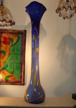 37″ Blue and Caramel Brown Hand Blown Glass Vase