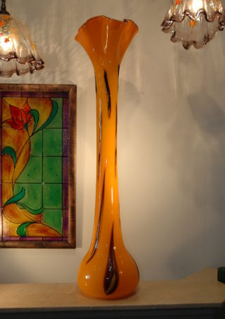 37″ Orange and Black/Brown Hand Blown Glass Vase
