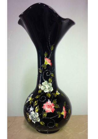 17" Black Hand Blown Vase With Pink and White Flowers