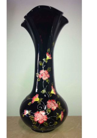 Black Hand Blown Glass Vase with Pink Flowers