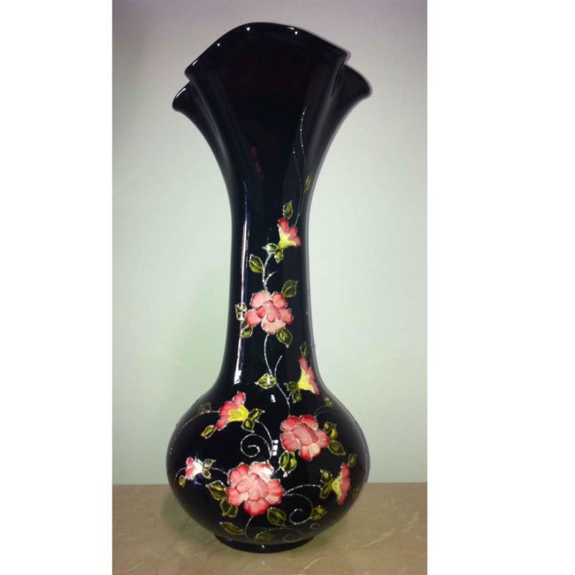 Black Hand Blown Glass Vase with Pink Flowers
