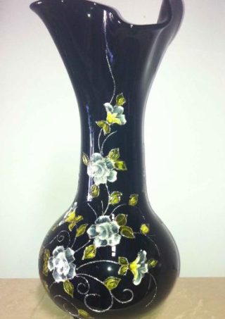 Black Hand Blown Glass Vase,Hand Painted White Flowers