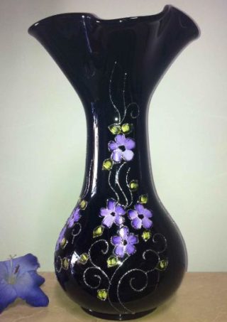 17″ Black Hand Blown Glass Vase With Hand Painted Purple Flowers