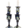 Set of 2 Hand Blown Glass Candle Holder, Hand Painted, White Flowers Item No G046