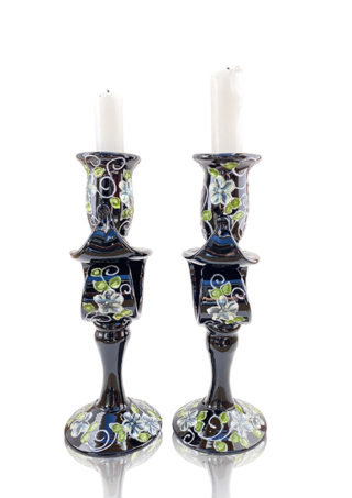 Set of 2 Hand Blown Glass Candle Holder, Hand Painted, White Flowers Item No G046