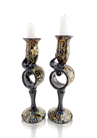 Set of 2 Hand Blown Glass Candle Holder, Hand Painted White Flowers With Gold Lines Item No G050